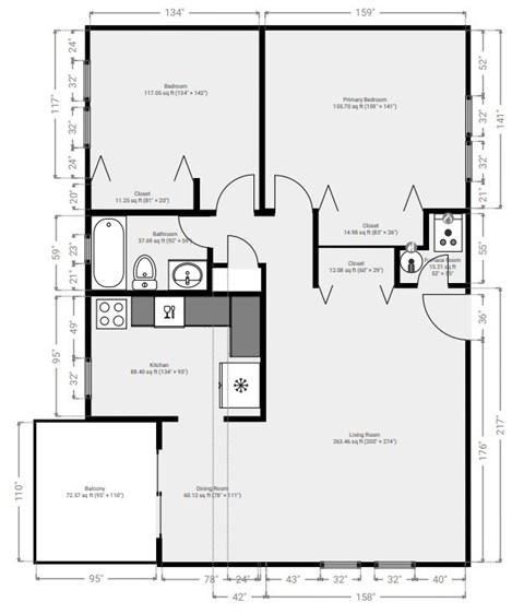 Floor plan for 2 beds, 1 bath, 905 sqft